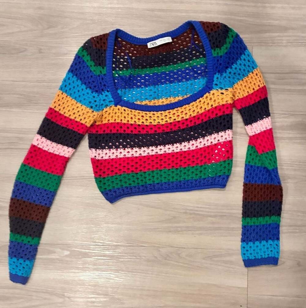 Zara Multicolor Striped Crochet Knit Sweater Size S
